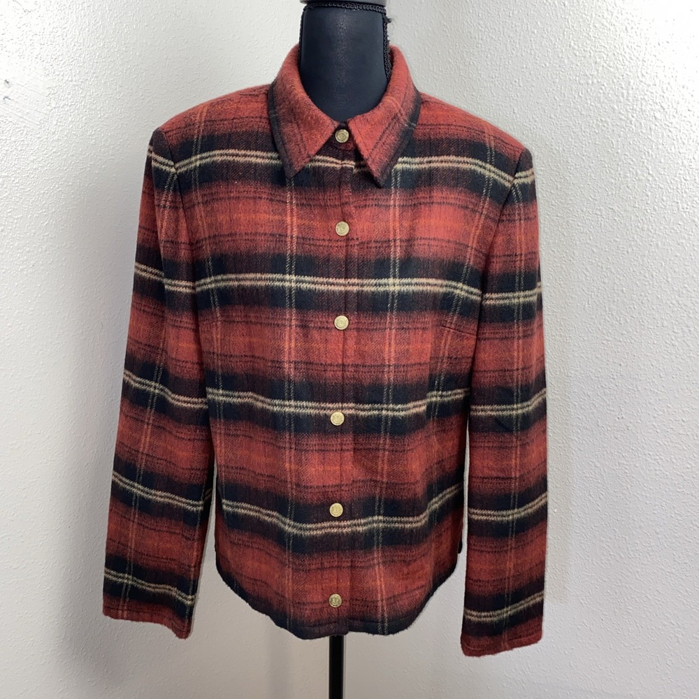 Vintage 90s Evan Picone Jacket Women's Size 10 Red Plaid Wool Blend Gold Snap Up